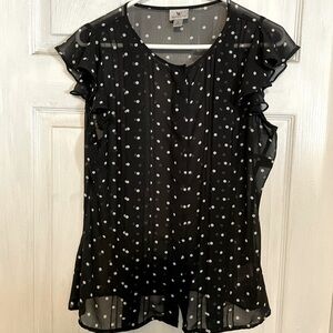 Black and white polka dot shear button down top